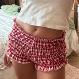 Daiiibabyyy Women Summer Fairy Grunge Ruffled Shorts Casual Plaid Print Elastic Waist Short Pants 2000s Aesthetic Nightclub Streetwear