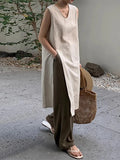 DAIIIBABYYY  -  Cusual Loose Side Slit Linen Vest Dress Women Summer New Style French Luxury V-neck Layered Long Solid Vestidos