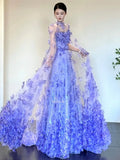 Daiiibabyyy  Luxury Long Dresses for Party Women Lace A-line Homecoming Evening Dress Blue Applique Sequined with Shawl Prom Dress