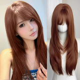 Daiiibabyyy  Synthetic Straight Women Wigs High-Layered Orange-Brown Wig with Hair Bangs 26inch Long Straight Wig for Women Daily Party Wear