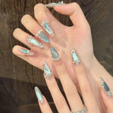 Daiiibabyyy  10pcs Blue Ice Crystal Cat's Eye Press On Nails Glitter Sequins Pearl Diamond Handmade Fake Nails Romantic French Tip False Nail
