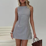 Daiiibabyyy  Lady O Neck Hollow Sleeveless A-line Dress Summer Minimalist Striped Slim Office Dress New Casual Lace Up High Waist Short Dress