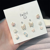 DAIIIBABYYY  -  Blue Pink Butterfly Bow Pearl Stud Earrings Set for Women Fish Tail Aurora Planet INS Korean Fashion Sweet Girls Earring Jewelry
