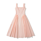 Daiiibabyyy  Sexy Pink Elastic Strap Tank Dress Ruched Slash Neck Zipper Back Slim Low Waist Hem Swing Midi Long Robe Sleeveless Vestidos