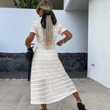 Daiiibabyyy Elegant Lapel Lace-up Long Dress Summer Casual Short Sleeve Solid Shirt Dress Women Fashion Hole Hollow Button Waist Party Dress