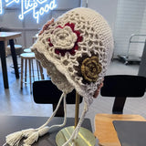 Daiiibabyyy  Flower Knitted Hat Women's New Autumn Japanese Retro Hat Literary Temperament Versatile Ear Protectort Hat Female
