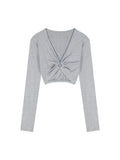 DAIIIBABYYY  -  American Hot Girl Hollow V-neck T-shirt for Women's Spring Long-sleeved Grey Slim Fit Sexy Short Top Fashion Female Clothes