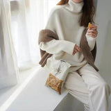 Daiiibabyyy  Fashion Simple Solid Turtleneck Long Sleeve Sweater Women European Loose Drop Shoulder Pullover Fall Winter Warm Basic Tops
