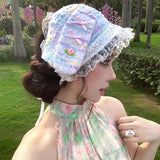 Daiiibabyyy  Niche Color Dot Knitted Rabbit Ear Bow Strap Hat Women's Summer Y2k Lace Headscarf Hat Headband