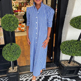 Daiiibabyyy  Casual Half Sleeved Button Up Shirt Long Dress Fashion Commuting Loose Party Dress Ladies Elegant Plaid Print Stand Collar Dress
