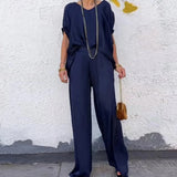DAIIIBABYYY  -  Sexy V-neck Top Pullover & Wide-leg Pants Leisure Set Women Spring Solid Two Piece Outfits Summer Fashion Loose Streetwear Suits