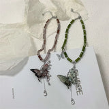 DAIIIBABYYY  -  Hot Girl Butterfly Tassel Pendant Necklace Women's Retro Maillard Handmade Beaded Clavicle Chain