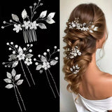 Daiiibabyyy  4-Piece Set Silver Leaf Forest Style Hair Comb and Hairpin Set, Elegant Style, Suitable for Bride Wedding / Bridesmaid Styling