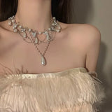 Daiiibabyyy  Old Wind Imitation Sea Blue Treasure White Crystal Freshwater Pearl Glass Pendant Women's Banquet Jewelry Sea Necklace