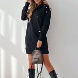 Daiiibabyyy Fashion Loose Women Pullover Dress Winter Drawstring Hooded Sweatshirt Dresses Casual Fall Solid Long Sleeve Pockets Mini Dress