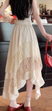 Daiiibabyyy  Irregular Sweet Lace Midi Skirt Women High Waisted Ruffled Pleated Skirt Preppy Style Summer Vacation Beach Tiered Cake Skirt