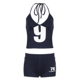 Daiiibabyyy  Women's Letter Print Neck Hanging Vest Shorts Two-piece Set Summer Fashion Slim Fit Dark Blue Comfortable Outdoor Sports Outfit