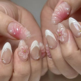 Daiiibabyyy  24pcs Simple Flower Fake Nails Art Finished Black French False Nail Tips Detachable Short Almond Press on Nails Sets Manicure