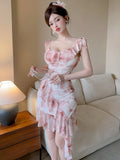DAIIIBABYYY  -  New Print Mesh Ruffled Sling Short Dress Summer Elegant Casual Beach Style Dress Women Korean Fashion Bodycon Evening Dress