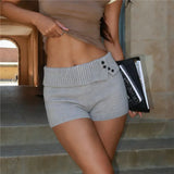 Daiiibabyyy  Women's Knit Crochet Micro Shorts Casual Slim Fit Stylish Decorative Button Ribbed Trim Foldover Mid Rise Shorts Y2K Streetwear