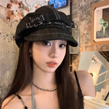 DAIIIBABYYY  -  Y2K Personalized Hole Design Denim Newsboy Hats for Women and Men Spring Summer New Travel Versatile Niche Octagonal Berets
