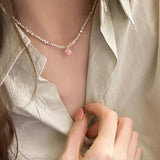 Daiiibabyyy  Korea Silver Color Acrylic Beads Pearl Strand Choker Necklaces for Women Pink Color Enamel Love Heart Pendant Necklace