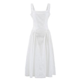 Daiiibabyyy  Sexy Pink Elastic Strap Tank Dress Ruched Slash Neck Zipper Back Slim Low Waist Hem Swing Midi Long Robe Sleeveless Vestidos
