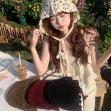 DAIIIBABYYY  -  Handmade Hollow Crochet Hats for Women Knitted Beanies Cap Ethnic Tie Pullover Hat Autumn Winter Breathable Crochet Caps