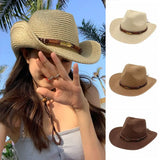 Daiiibabyyy  Vintage Summer Western Cowboy Hats Wide Brim Vacation Straw Cowgirl Hat Hiking Travel Sunscreen Visor Cap Outdoor