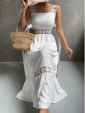 Daiiibabyyy Hollow Out Elegant Dress Women Solid Sexy Midi Dress Female Fashion Square Collar Spaghetti Off Shoulder Boho Beach Dress Summer