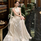 Daiiibabyyy  French Fashion Luxury Halter Neck Evening Gown Women Sexy Backless Sleeveless Slim-Fit Long Party Dress High-street Casual Robe