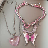 DAIIIBABYYY  -  Goth Exaggerated Pink Butterfly Glass Heart Pendant Short Choker Chain Necklace Women Charms Rave Jewelry Y2K Scene Accessories