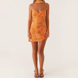 Daiiibabyyy  Women's Summer Sequined Flower Embroidery Beaded Bodycon Mini Dress Sleeveless Spaghetti Strap V Neck Night Out Dress with Scarf