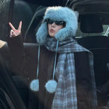 Daiiibabyyy  Plush Pom Pom Laced Up Bomber Hats Women Winter Warm Imitation Mink Ear Pilot Hat Cute Tail Hanging Ball Tether Snow Ski Beanies