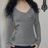 Daiiibabyyy  American Style Vintage Plant Print Basic Long Sleeved T-shirt Women V-neck Slim Fit Base Y2K Spicy Girl Top