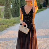 Daiiibabyyy  Lace Deep V-neck Evening Gown Women Dress Elegant Sleeveless High Waisted Solid Long Dress Fashion Embroidery Slim Party Dresses