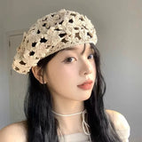 Daiiibabyyy  Hand-knitted Beret Female Japanese Hollow Out Hat Street Women Trendy Hat Literary Retro Fashionable Painter Hat