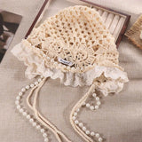 Daiiibabyyy  Sweet Pearl Tassels Crochet Flower Knitted Hat Bohemian Style Thin Knit Cap Korean Handmade Ethnic Style Hat Outdoor