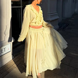 Daiiibabyyy  2025 Elegant Sexy Chiffon Summer Tops Pleated Ruffles Trim V-neck Long Sleeved Sheer Loose Shirts Blouse Holiday Streetwear