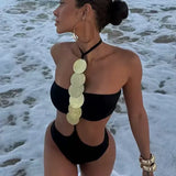 Daiiibabyyy  Beach Outfits Woman Bikini Backless Black Set Bikinis High Waist Bottom Swimsuit Women's Two-piece Two Piece Swimsuit Beachwear