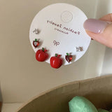 Daiiibabyyy  Cute Lovely 3 Pairs/Set Red Enamel CZ Cubic Zirconia Heart Apple Simulation Fruit Stud Earrings for Women Casual Jewelry