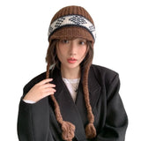 Daiiibabyyy  Japanese Ethnic Style Jacquard Knitted Ear Protection Beanie Cap for Men and Women Winter Warm Versatile Lace-up Bomber Hats
