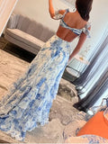 Daiiibabyyy  New Fashion Sexy Sleeveless V-neck Spaghetti Strap Backless Fit And Flare Swing Print Floral Slim Fit Split Floor-Length Dress