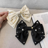DAIIIBABYYY  -  New Women Girls Sweet Pearl Satin Bowknot Hair Clip Big Ribbon Bow Barrette Solid Color Scarf Hairpin Grip Ponytail Clip