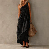 Daiiibabyyy  Cotton Linen Casual Pocket Solid Long Dress Elegant Draped Hight Waist Women Dress Sleeveless Slanted Shoulder Loose Party Dress