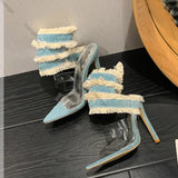 Daiiibabyyy  Shoes Woman Design Denim Ankle Snake Surround Strap Sandalias De Mujer Transparent PVC Ladies High Heels Party Stripper Pumps