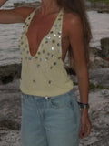 Daiiibabyyy  Women Sexy Deep V Neck Halter Top Yellow Silver Sequin Backless Sleeveless Wrinkled Casual Ladies Summer Seaside Chic Wear