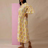 Daiiibabyyy  Summer New Pleated Commute Maxi Dresses Leisure V-neck Printed Half Sleeve Dress Elegant Women's High Waist Loose A-line Dress