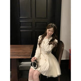 Daiiibabyyy  Elegant Mini Party Dress Women Fashion Mesh Patchwork Pleated Dresses Autumn Korean Double Breasted Long Sleeve Bodycon Vestidos
