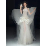 Daiiibabyyy  Bridal Tulle Mermaid Wedding Dress Sweetheart Sleeveless with Pleat and Ruffles Sexy Open Back Sweep Train Sheath Gowns Robe